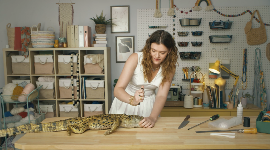A person stabbing a crocodile in the head